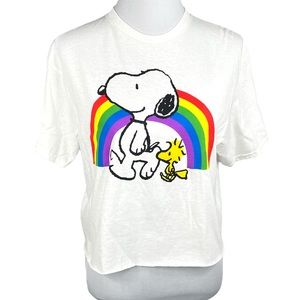 Peanuts Snoopy and Woodstock Rainbow Pride Cropped T Shirt White Size M and L